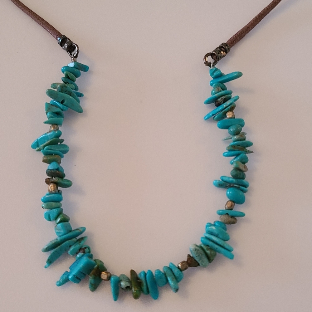 Vintage Turquoise Gemstone Brown Leather Cord Sterling Silver Necklace Navajo NA